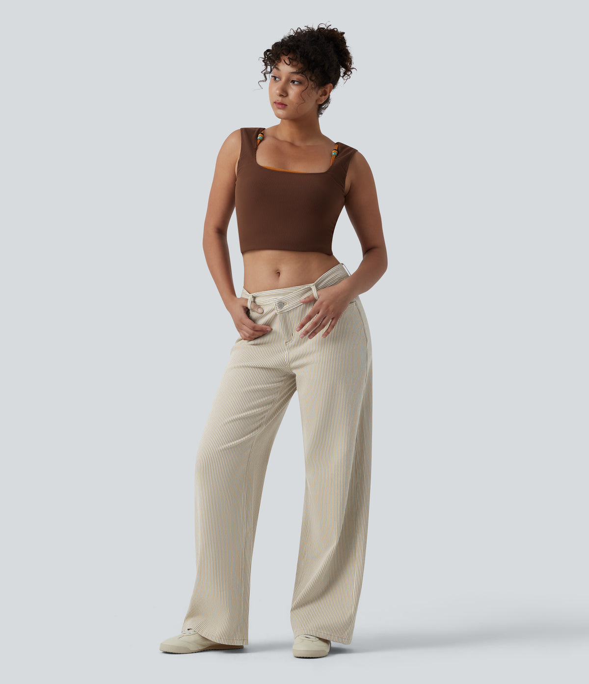 Asymmetric Mid Rise Stripes Casual Baggy Jeans with Pockets — Off-White — view 6