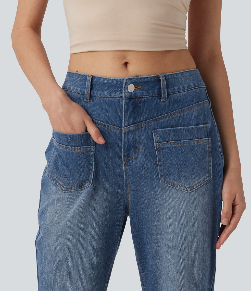 Mid Rise Casual Flare Jeans with Pockets — Tide Blue Denim — view 4