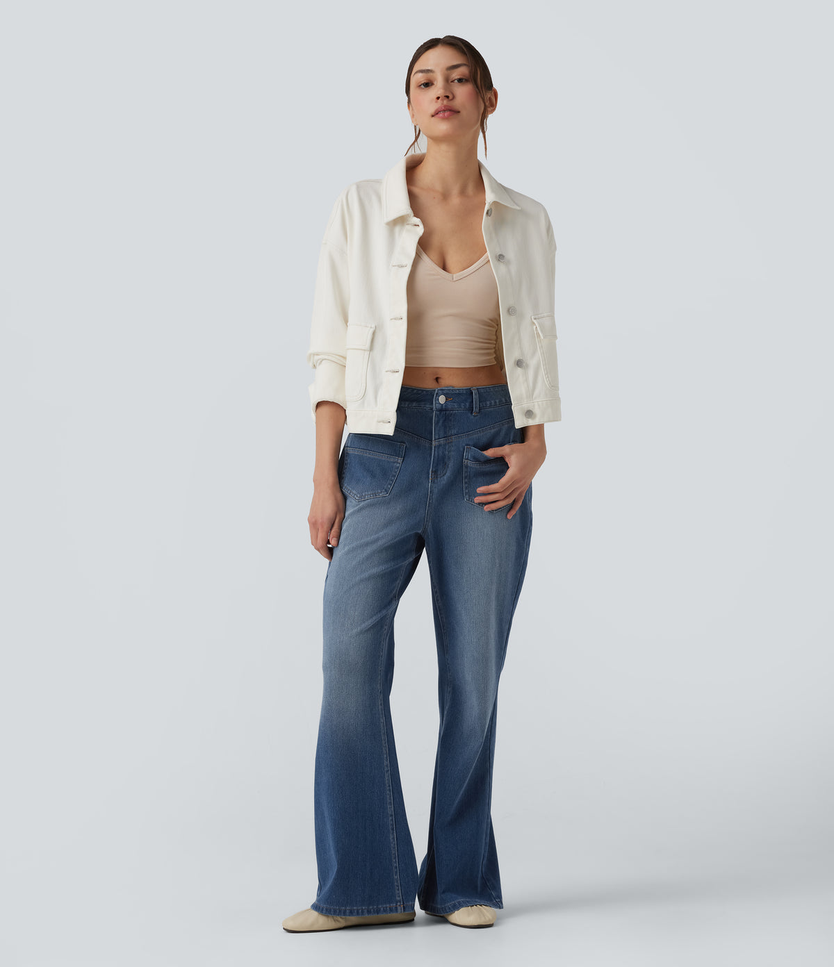 Mid Rise Casual Flare Jeans with Pockets — Tide Blue Denim — view 6