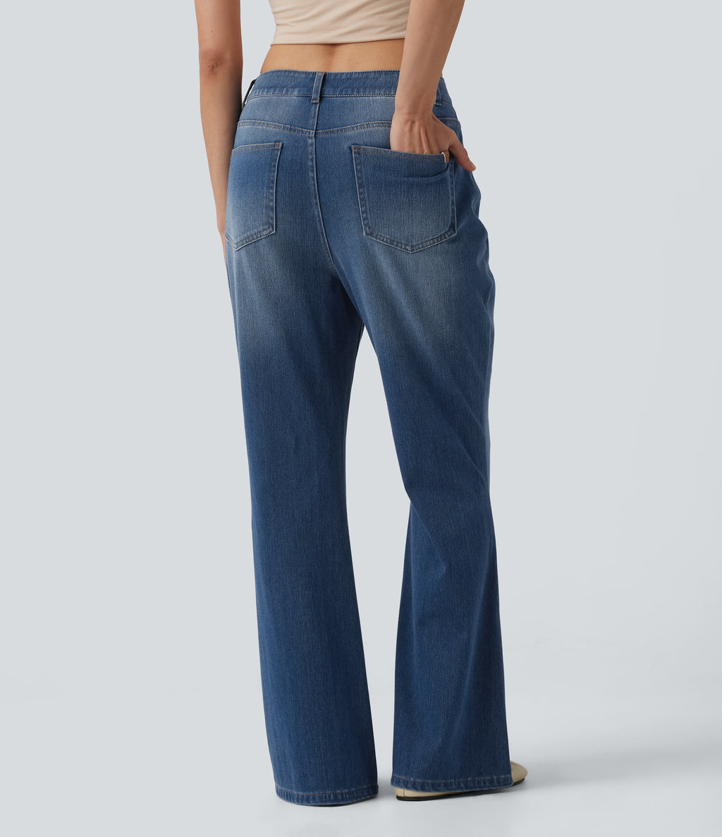 Mid Rise Casual Flare Jeans with Pockets — Tide Blue Denim — view 3