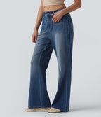 Mid Rise Casual Flare Jeans with Pockets — Tide Blue Denim — view 2