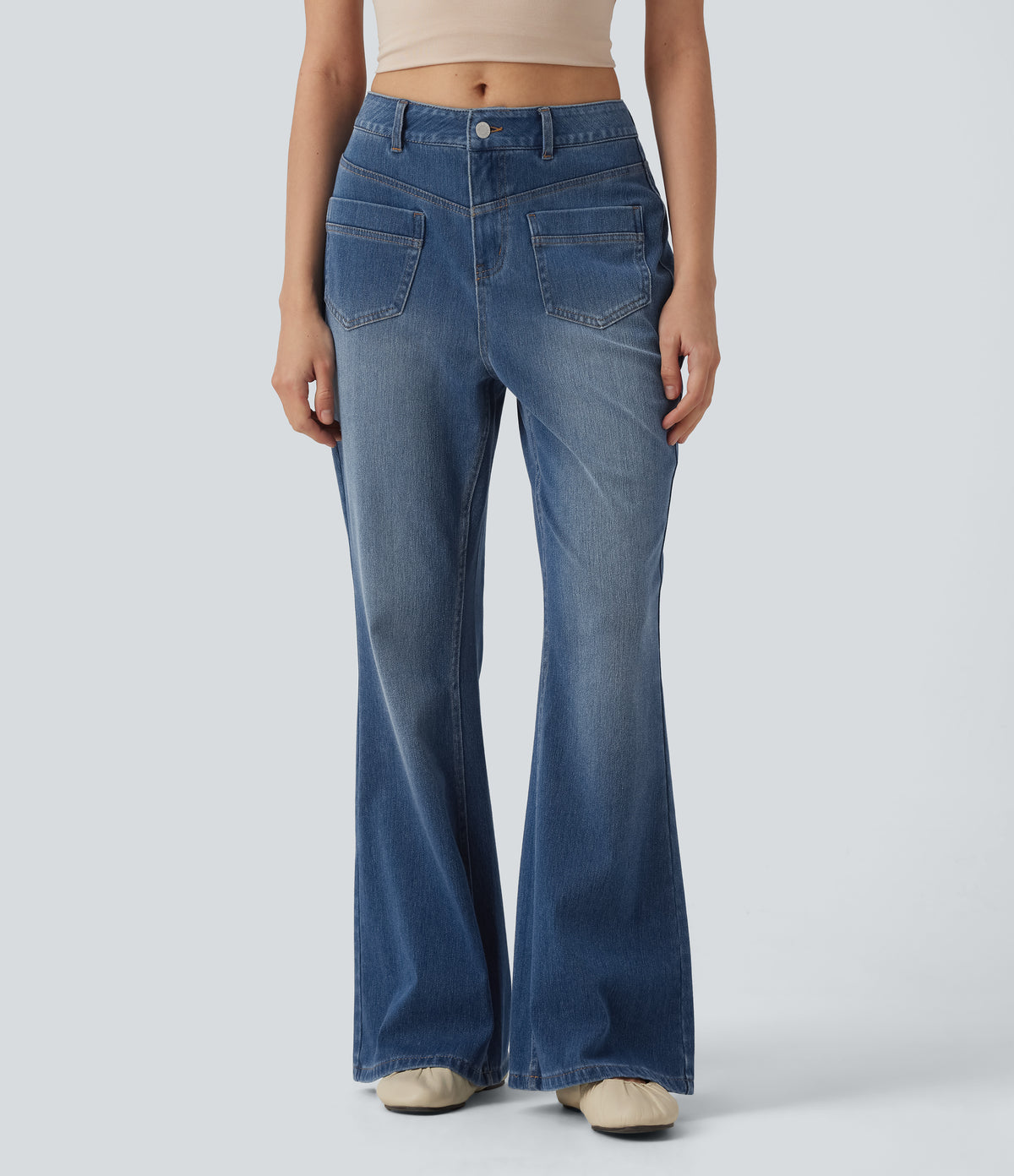 Mid Rise Casual Flare Jeans with Pockets — Tide Blue Denim — view 1