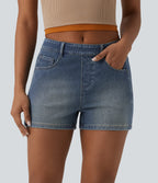 Mid Rise Denim Casual Shorts 3'' with Pockets — Mist Blue Denim — view 2