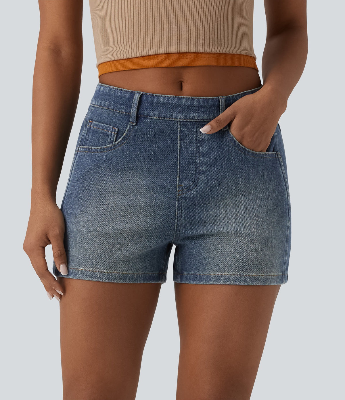 Mid Rise Denim Casual Shorts 3'' with Pockets — Mist Blue Denim — view 2