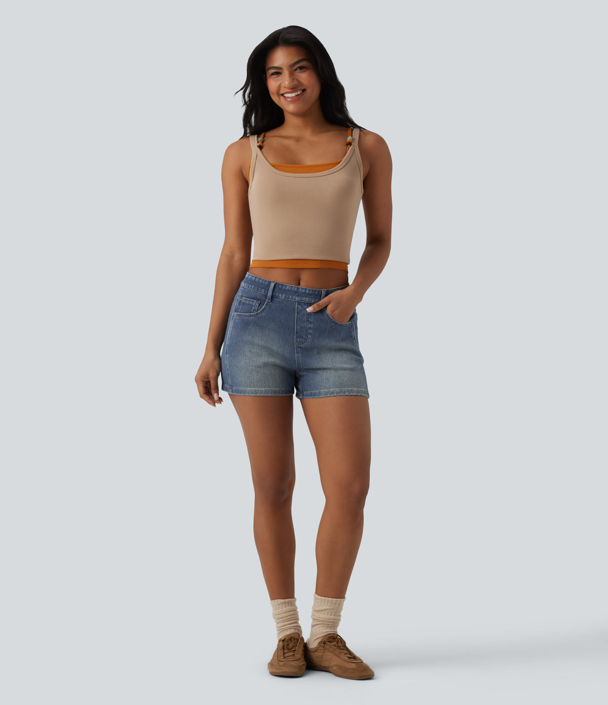 Mid Rise Denim Casual Shorts 3'' with Pockets — Mist Blue Denim — view 6