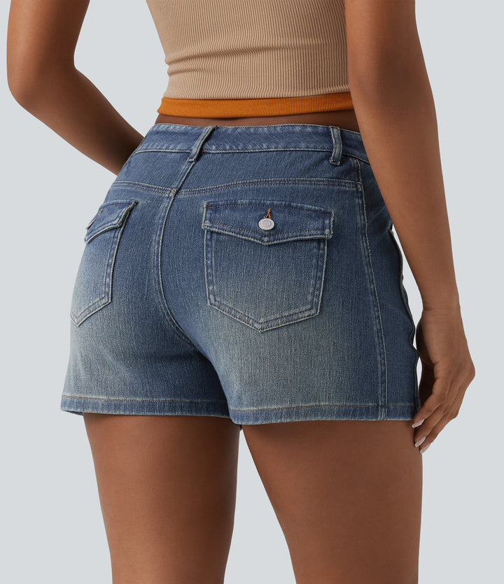 Mid Rise Denim Casual Shorts 3'' with Pockets — Mist Blue Denim — view 1