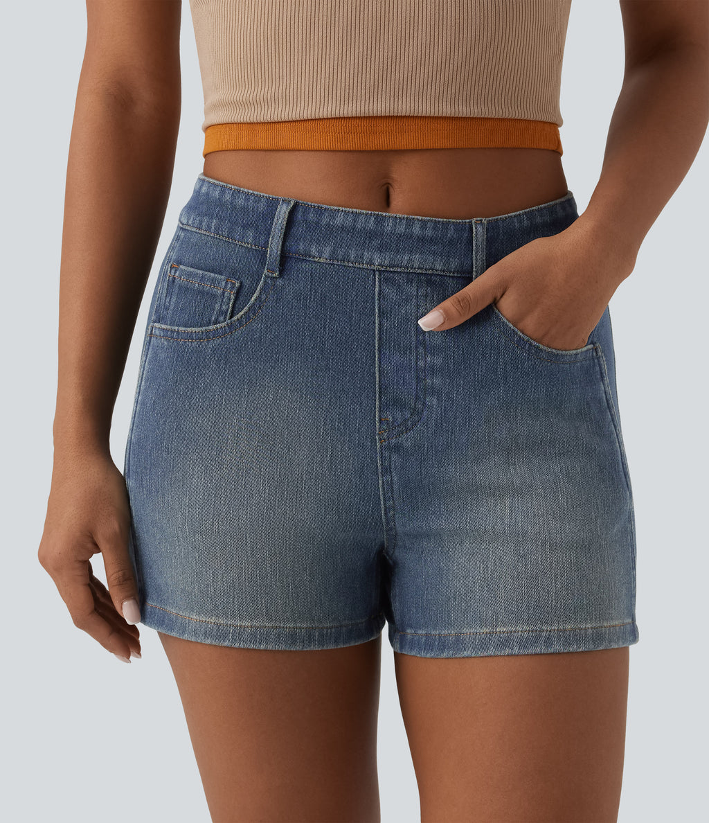 Mid Rise Denim Casual Shorts 3'' with Pockets — Mist Blue Denim — view 5