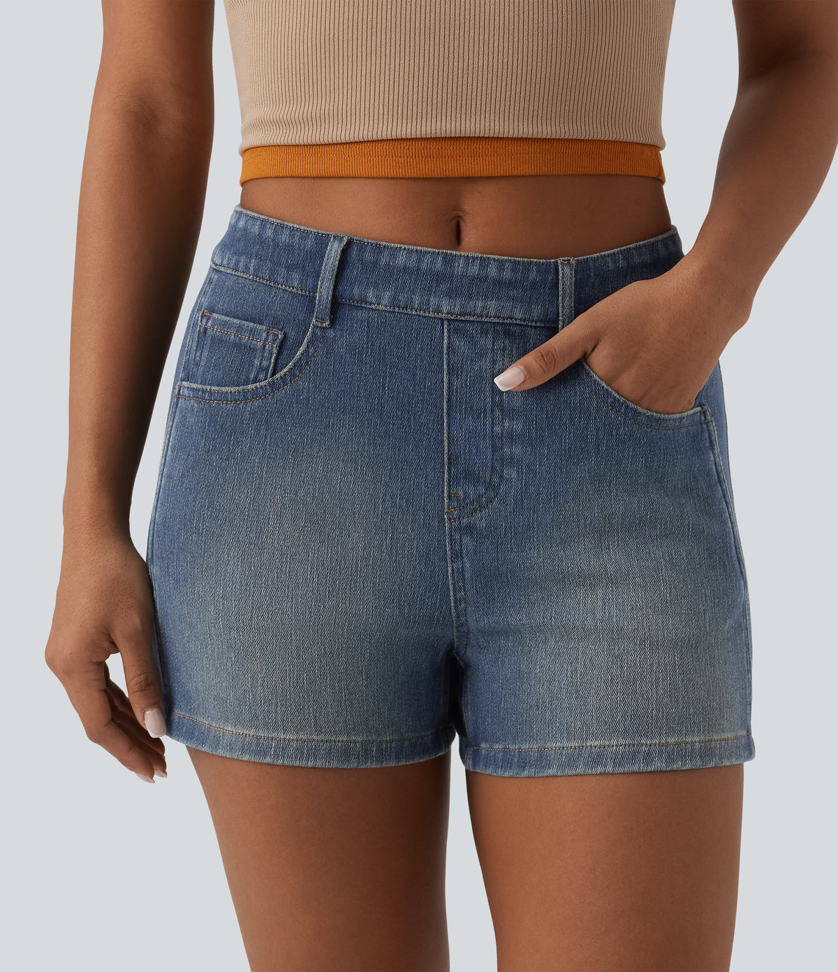 Mid Rise Denim Casual Shorts 3'' with Pockets — Mist Blue Denim — view 5