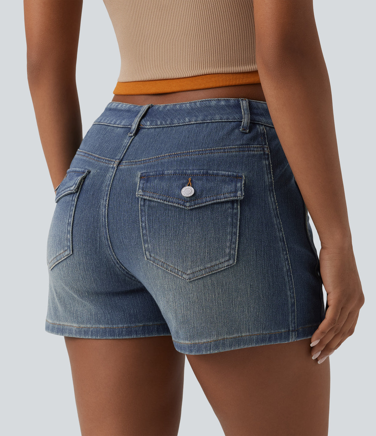 Mid Rise Denim Casual Shorts 3'' with Pockets — Mist Blue Denim — view 4