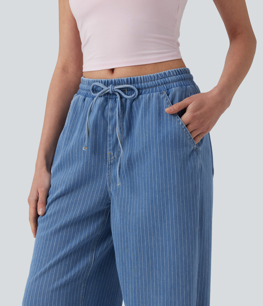 Mid Rise Drawstring Wide Leg Stripe Casual Jeans with Pockets — Malibu Blue Denim — view 5