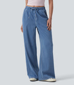 Mid Rise Drawstring Wide Leg Stripe Casual Jeans with Pockets — Malibu Blue Denim — view 1