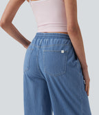 Mid Rise Drawstring Wide Leg Stripe Casual Jeans with Pockets — Malibu Blue Denim — view 4