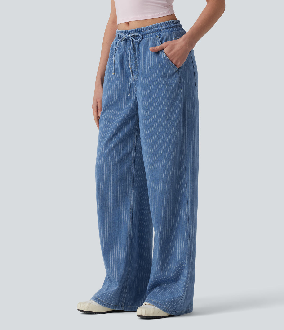 Mid Rise Drawstring Wide Leg Stripe Casual Jeans with Pockets — Malibu Blue Denim — view 3