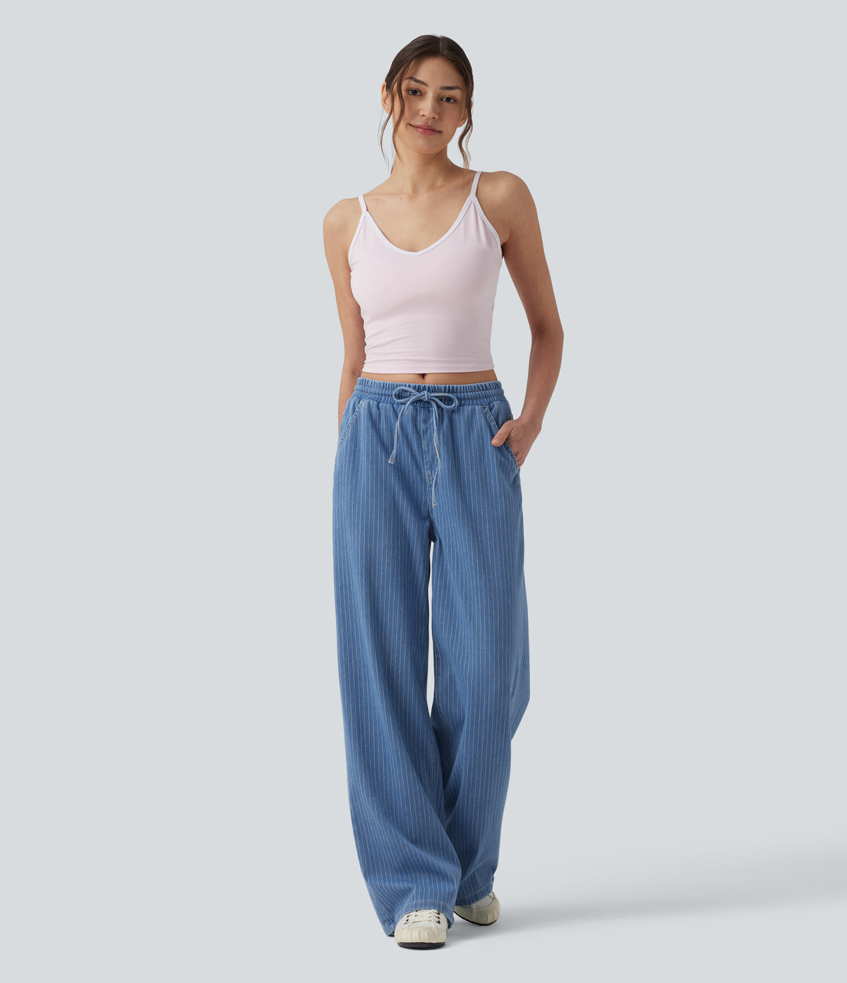 Mid Rise Drawstring Wide Leg Stripe Casual Jeans with Pockets — Malibu Blue Denim — view 6