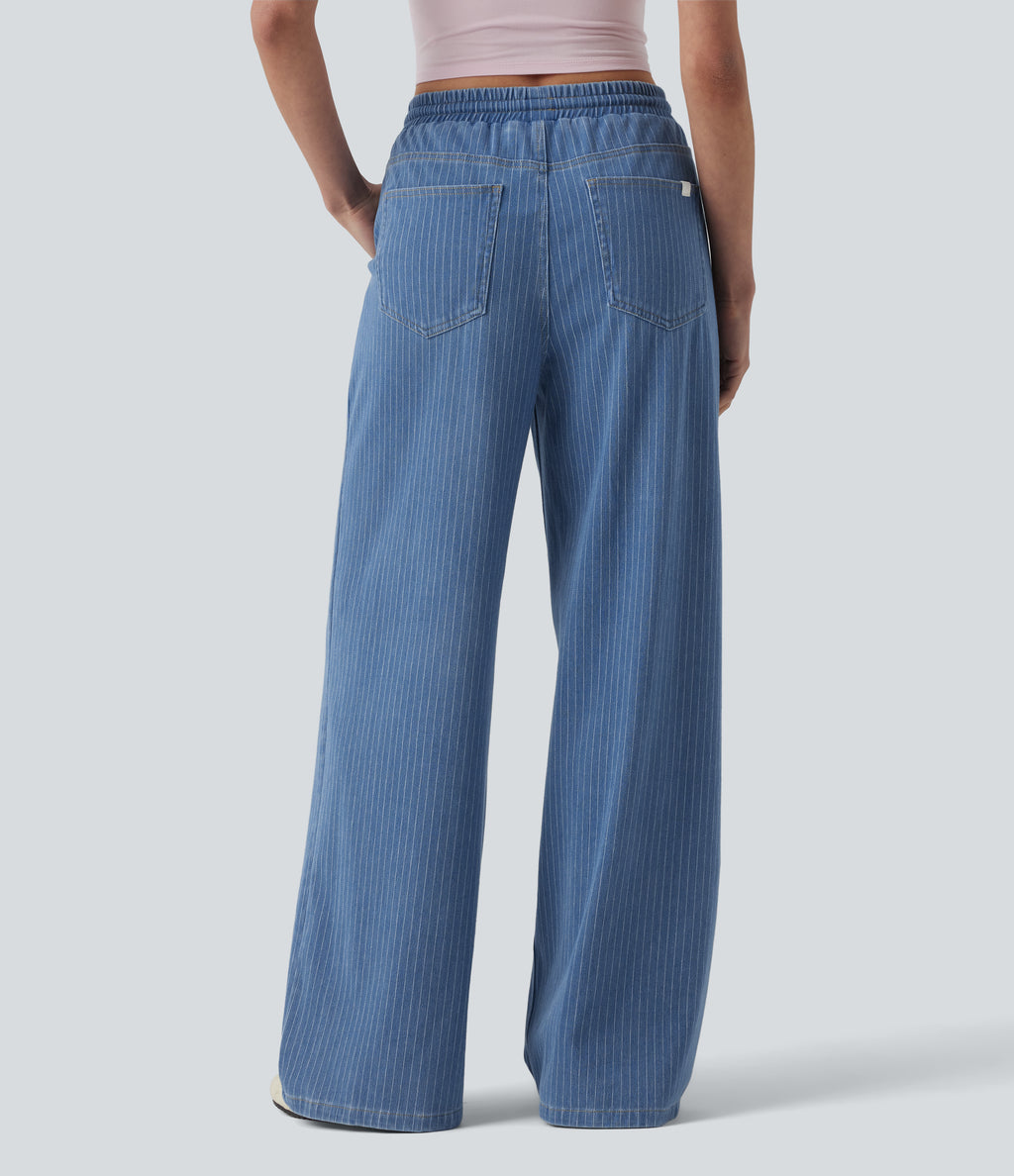 Mid Rise Drawstring Wide Leg Stripe Casual Jeans with Pockets — Malibu Blue Denim — view 2