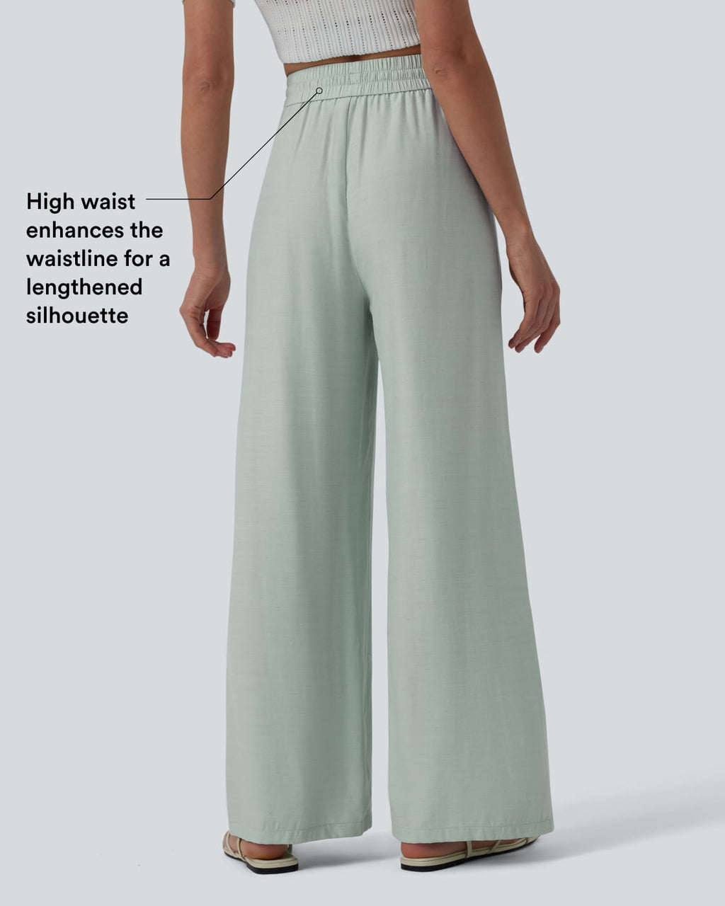 High Waisted Drawstring Wide Leg Casual Linen-Blend Trousers with Pockets — Seafoam — view 2