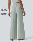 High Waisted Drawstring Wide Leg Casual Linen-Blend Trousers with Pockets — Seafoam — view 2