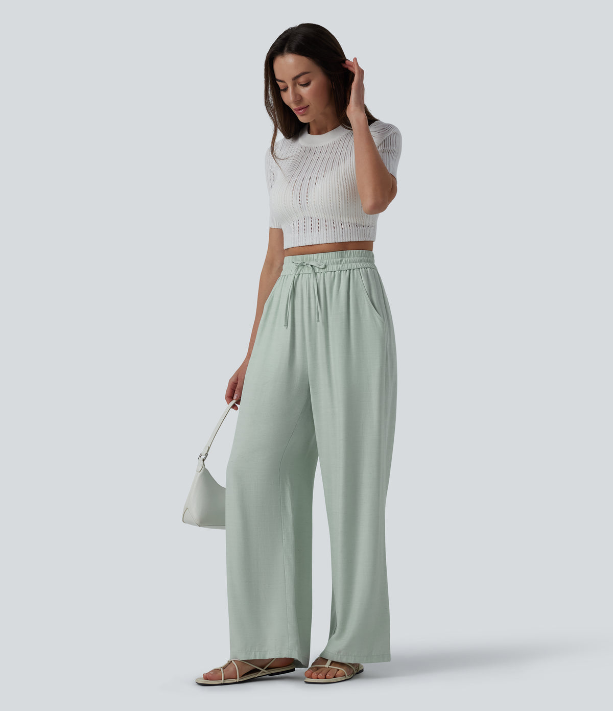 High Waisted Drawstring Wide Leg Casual Linen-Blend Trousers with Pockets — Seafoam — view 5