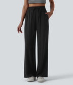 High Waisted Drawstring Wide Leg Casual Linen-Blend Trousers with Pockets — Black — view 6