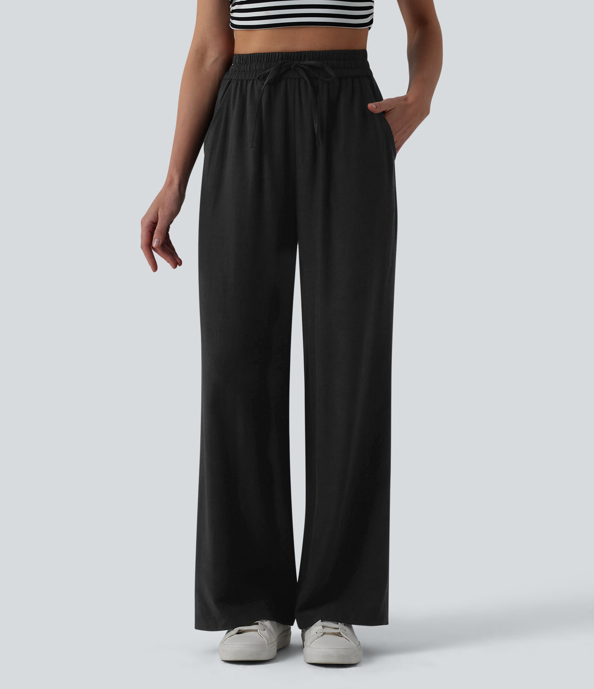 High Waisted Drawstring Wide Leg Casual Linen-Blend Trousers with Pockets — Black — view 6