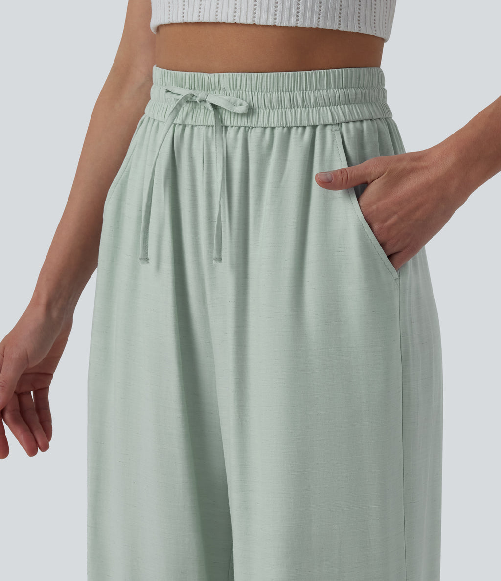 High Waisted Drawstring Wide Leg Casual Linen-Blend Trousers with Pockets — Seafoam — view 4