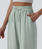 High Waisted Drawstring Wide Leg Casual Linen-Blend Trousers with Pockets — Seafoam — view 4