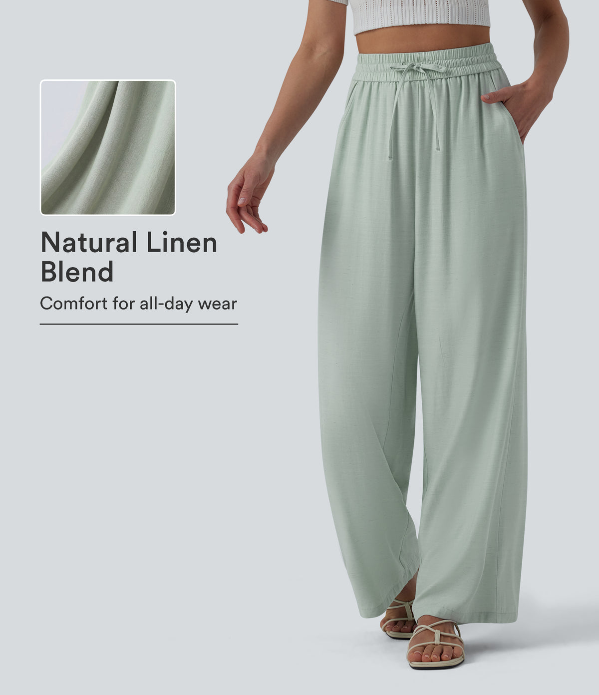 High Waisted Drawstring Wide Leg Casual Linen-Blend Trousers with Pockets — Seafoam — view 1