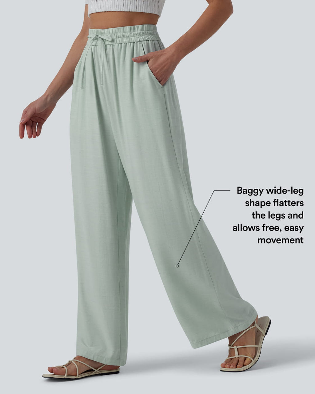 High Waisted Drawstring Wide Leg Casual Linen-Blend Trousers with Pockets — Seafoam — view 3