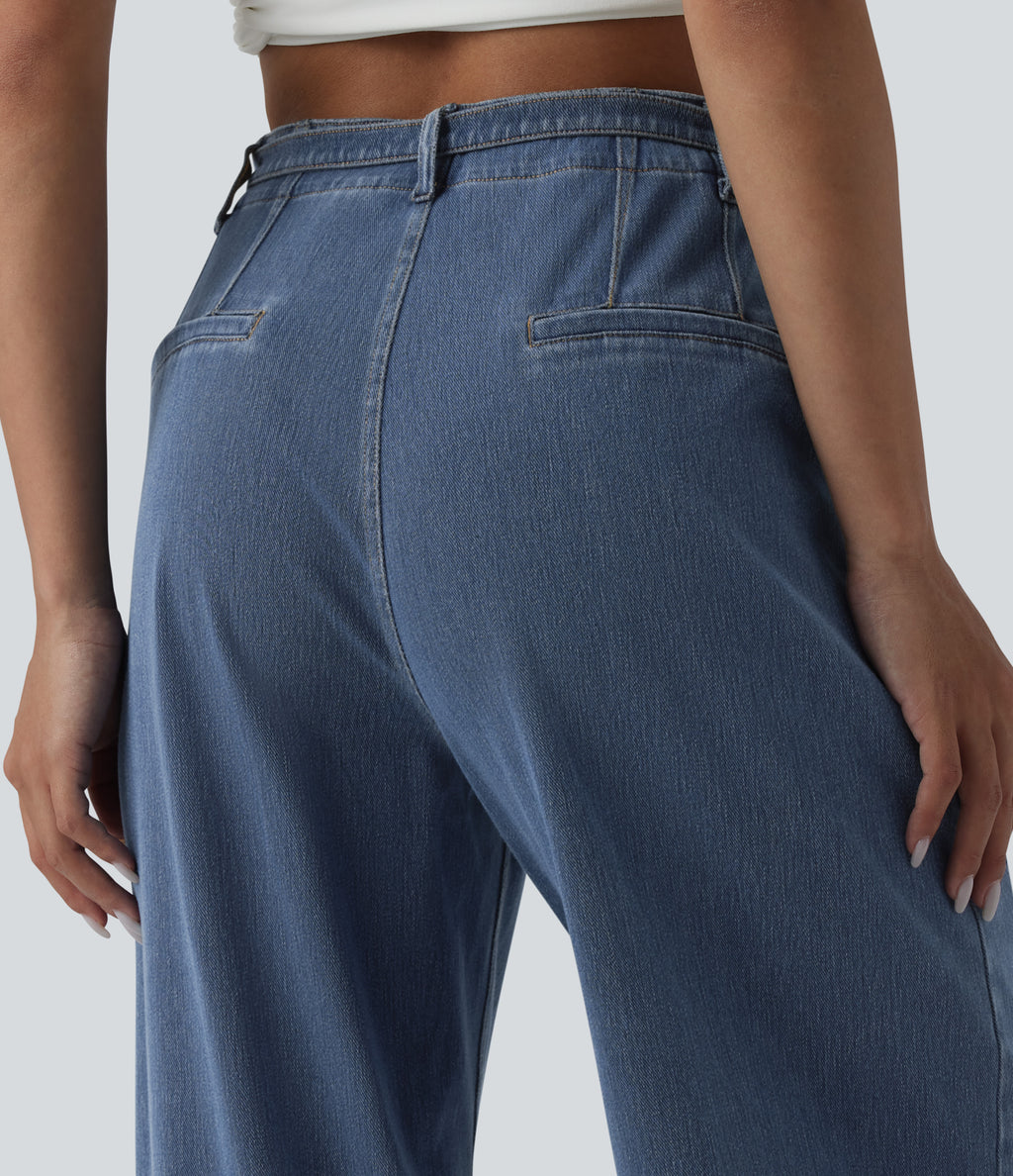 High Waisted Belted Wide Leg Casual Jeans with Pockets — Tide Blue Denim — view 5
