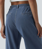 High Waisted Belted Wide Leg Casual Jeans with Pockets — Tide Blue Denim — view 5