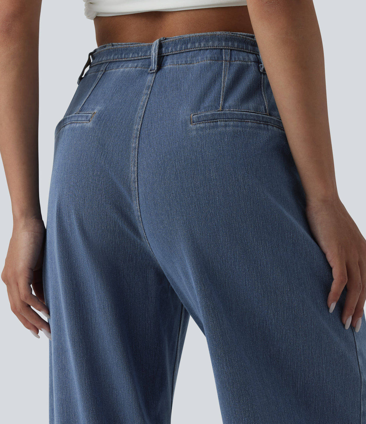 High Waisted Belted Wide Leg Casual Jeans with Pockets — Tide Blue Denim — view 5