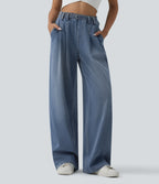 High Waisted Belted Wide Leg Casual Jeans with Pockets — Tide Blue Denim — view 1