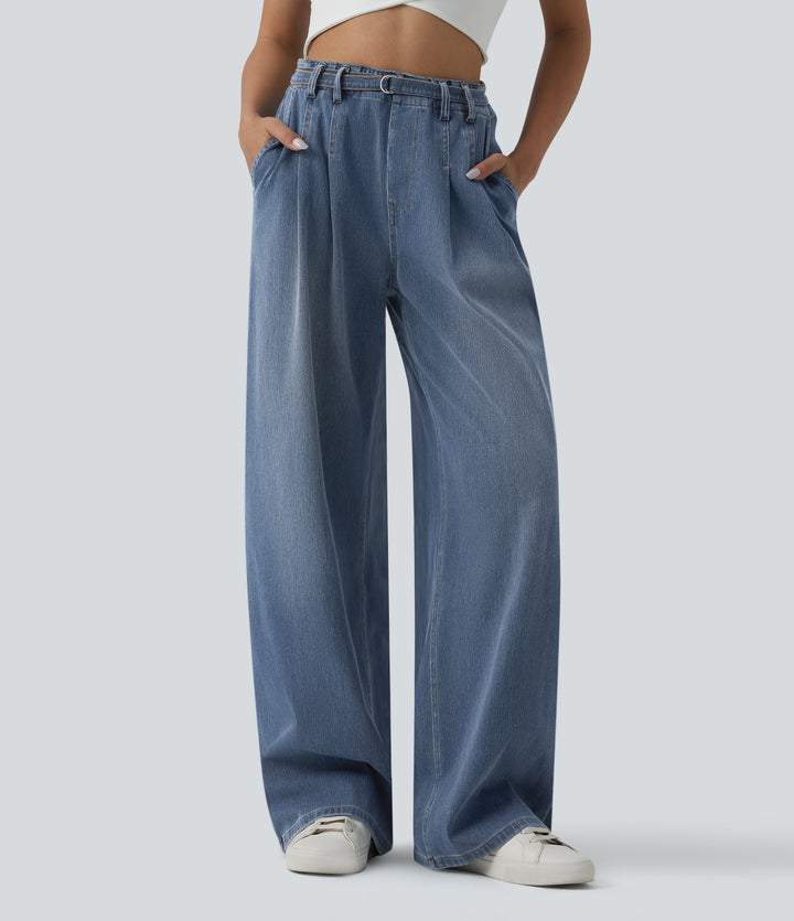 High Waisted Belted Wide Leg Casual Jeans with Pockets — Tide Blue Denim — view 1