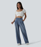 High Waisted Belted Wide Leg Casual Jeans with Pockets — Tide Blue Denim — view 6