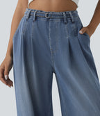 High Waisted Belted Wide Leg Casual Jeans with Pockets — Tide Blue Denim — view 4