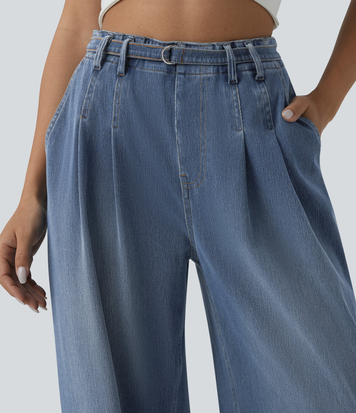 High Waisted Belted Wide Leg Casual Jeans with Pockets — Tide Blue Denim — view 4