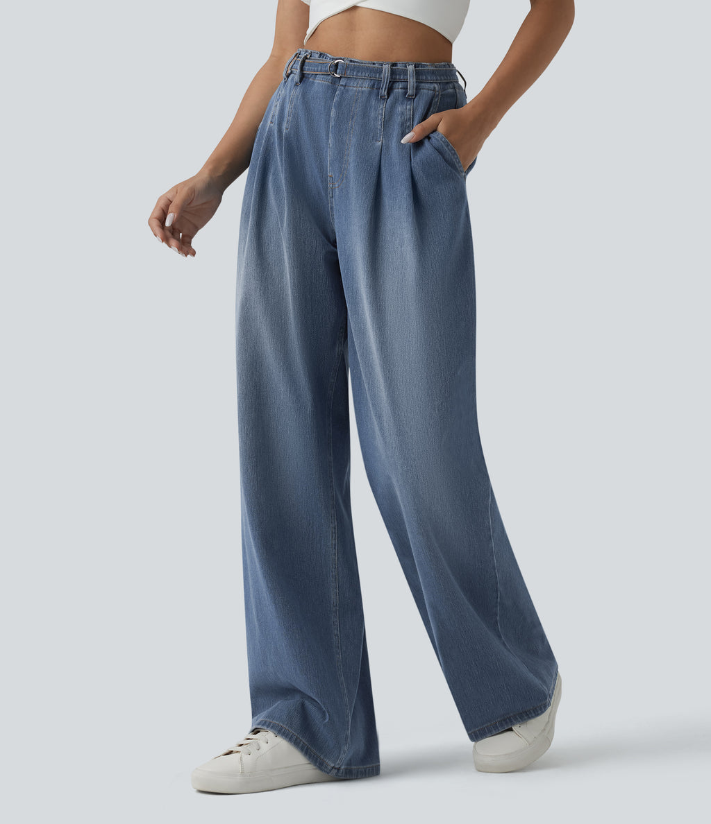 High Waisted Belted Wide Leg Casual Jeans with Pockets — Tide Blue Denim — view 3