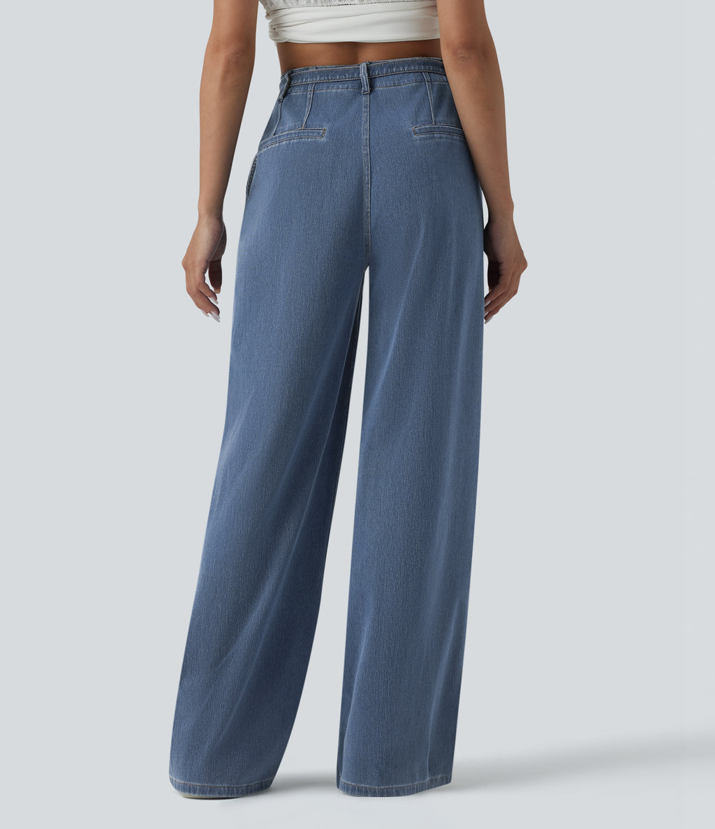 High Waisted Belted Wide Leg Casual Jeans with Pockets — Tide Blue Denim — view 2