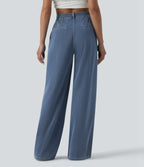 High Waisted Belted Wide Leg Casual Jeans with Pockets — Tide Blue Denim — view 2