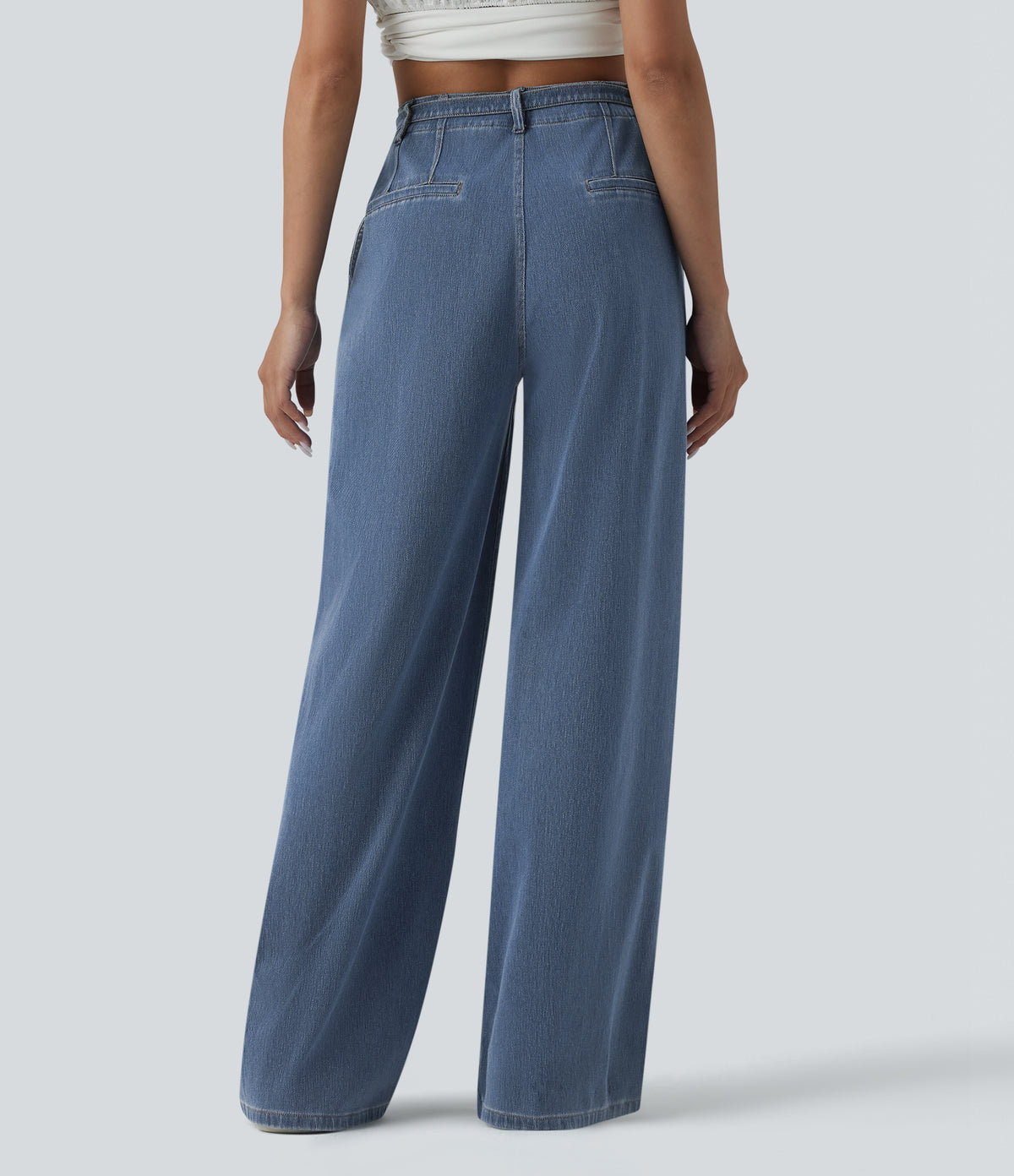 High Waisted Belted Wide Leg Casual Jeans with Pockets — Tide Blue Denim — view 2
