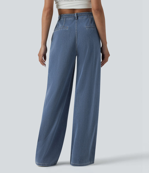 High Waisted Belted Wide Leg Casual Jeans with Pockets — Tide Blue Denim — view 2