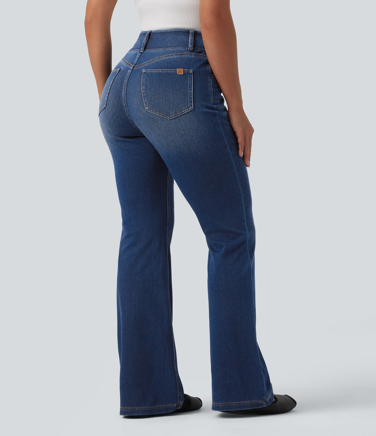 High Waisted Flare Casual Jeans with Pockets — Estate Blue Denim — view 2