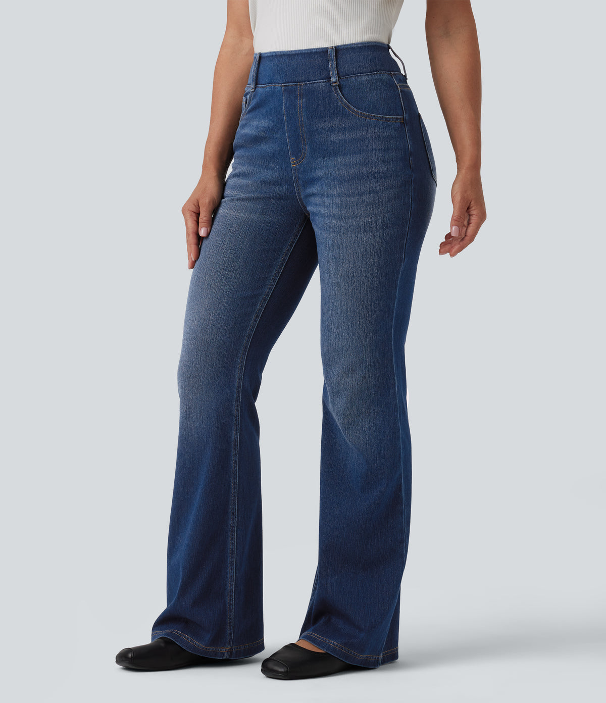 High Waisted Flare Casual Jeans with Pockets — Estate Blue Denim — view 3