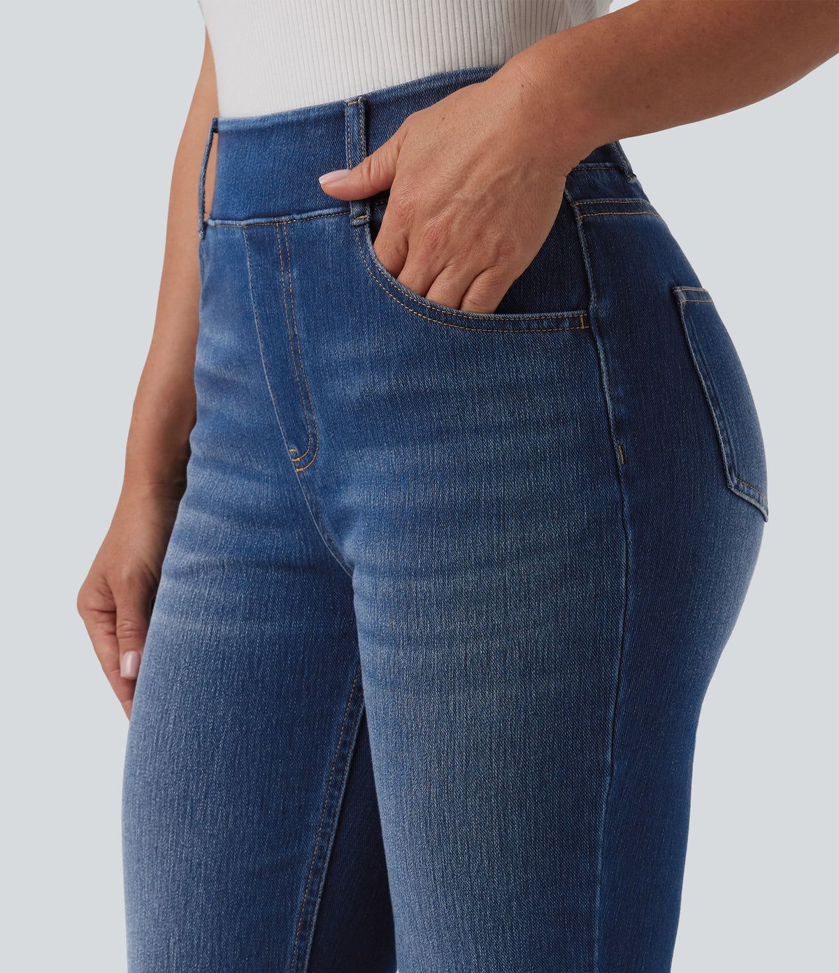 High Waisted Flare Casual Jeans with Pockets — Estate Blue Denim — view 5