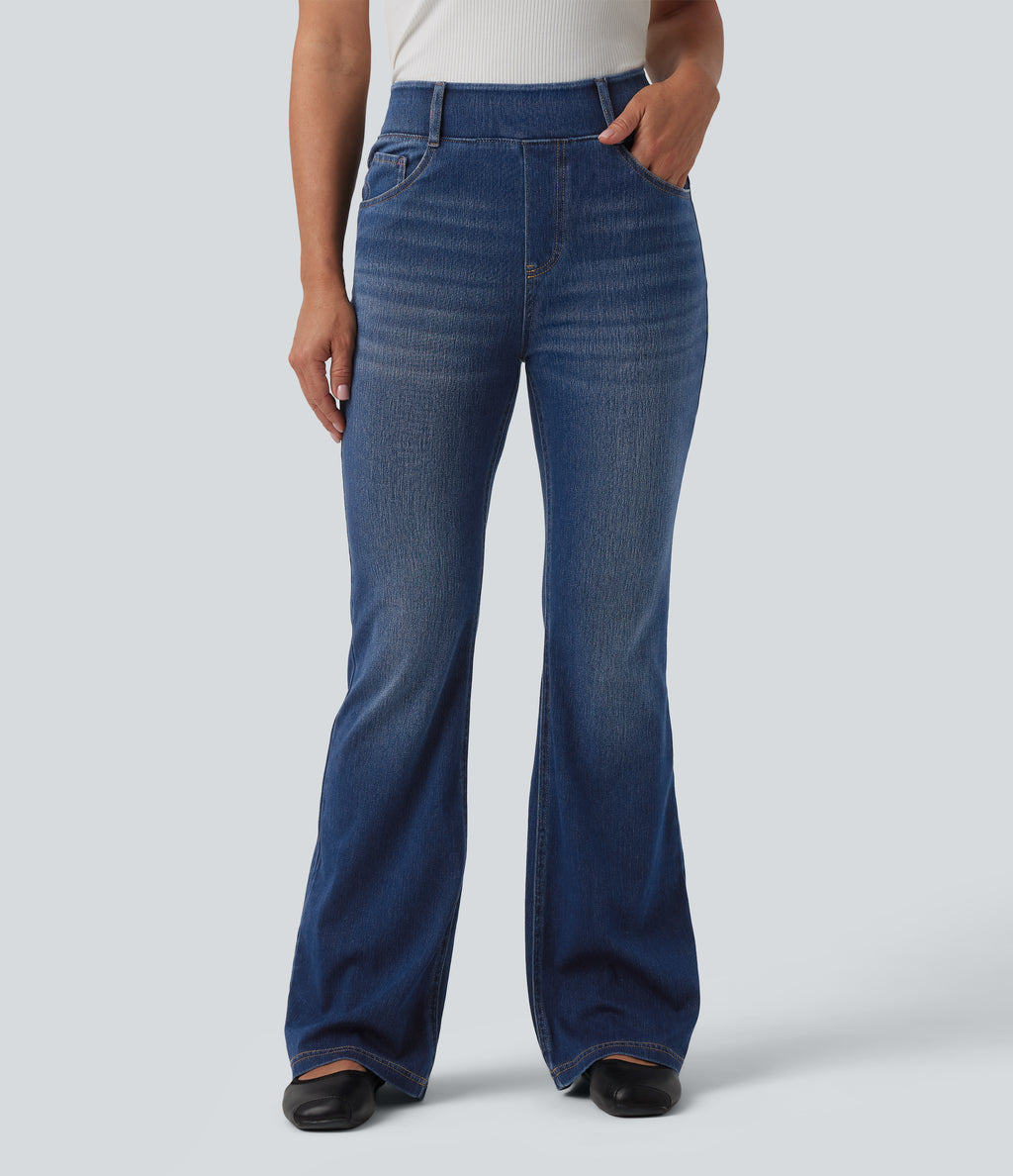 High Waisted Flare Casual Jeans with Pockets — Estate Blue Denim — view 1