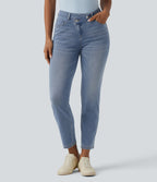 Asymmetric High Waisted Casual Jeans with Pockets — Malibu Blue Denim — view 1