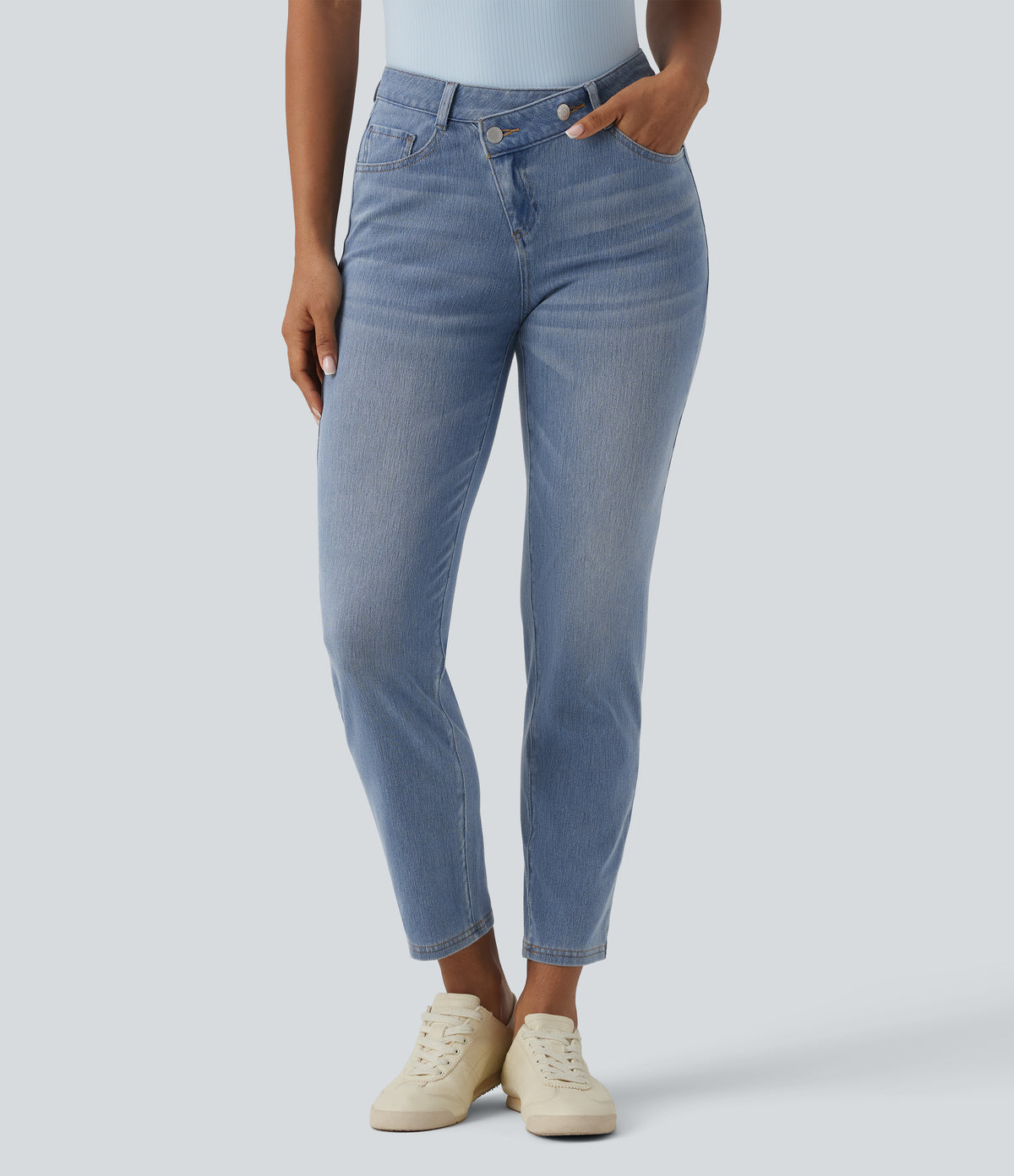 Asymmetric High Waisted Casual Jeans with Pockets — Malibu Blue Denim — view 1