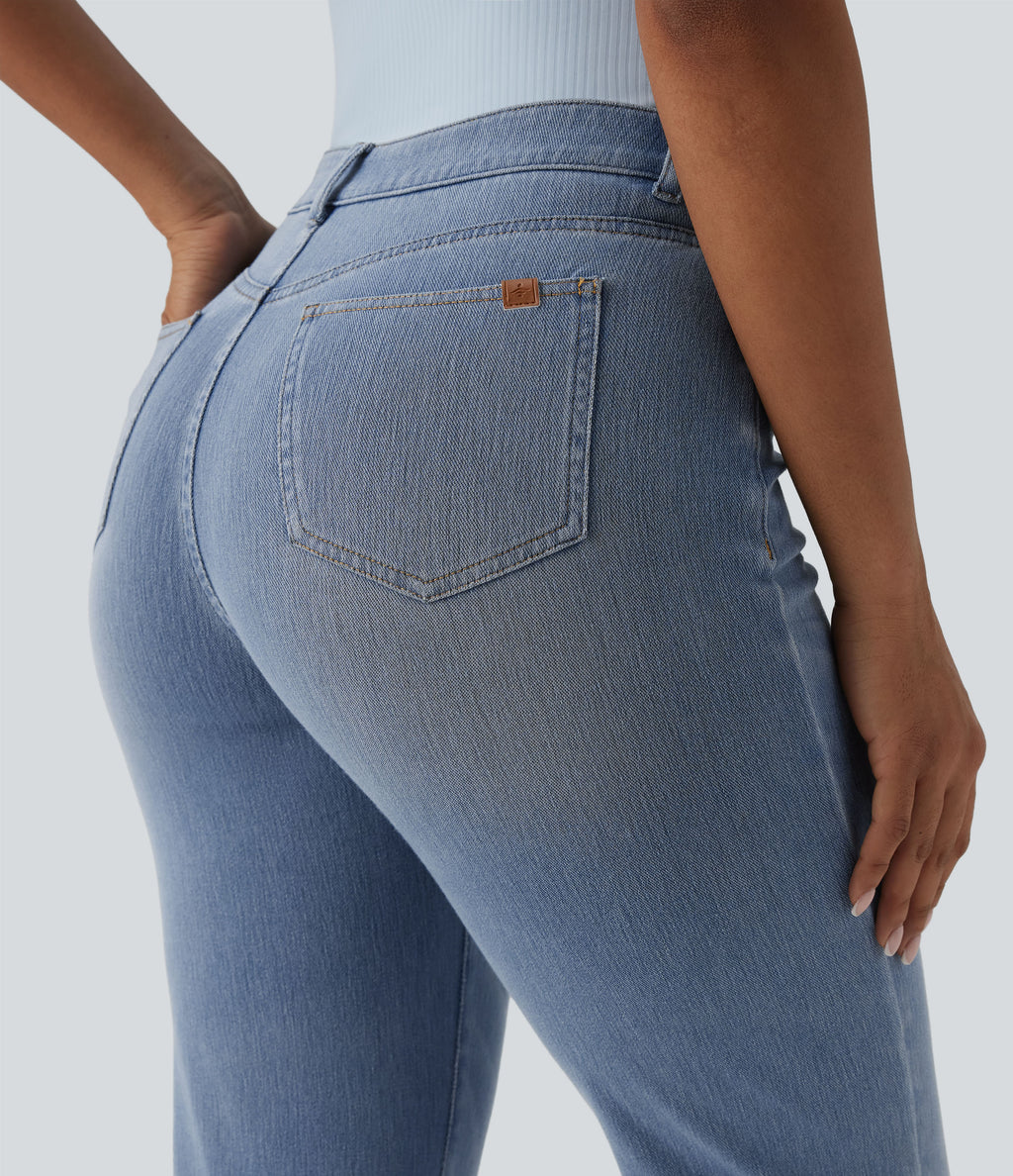 Asymmetric High Waisted Casual Jeans with Pockets — Malibu Blue Denim — view 5