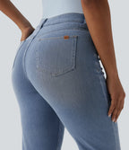 Asymmetric High Waisted Casual Jeans with Pockets — Malibu Blue Denim — view 5