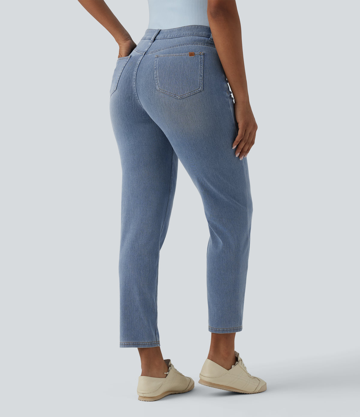 Asymmetric High Waisted Casual Jeans with Pockets — Malibu Blue Denim — view 2